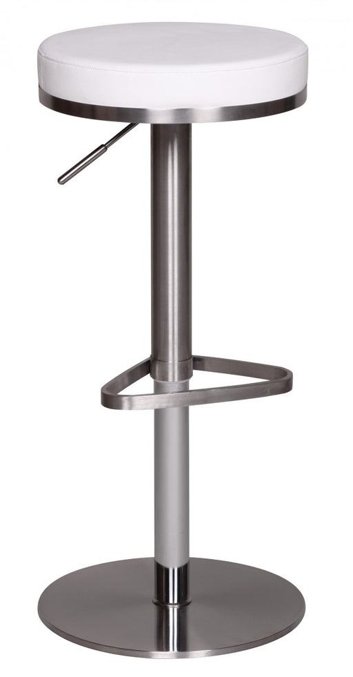 Barhocker WL1.294 mit weißer Sitzfläche, Edelstahlsäule und drehbarem Fußring in Gesamtansicht.