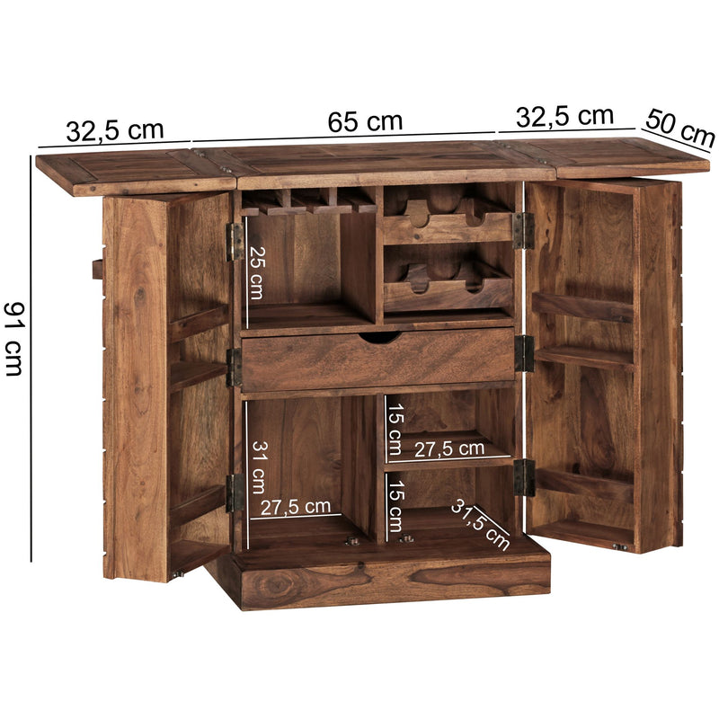 Hausbar LUCCA Sheesham Massivholz 65x91x50 cm Weinbar ausklappbar