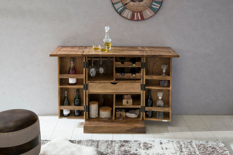 Hausbar LUCCA Sheesham Massivholz 65x91x50 cm Weinbar ausklappbar