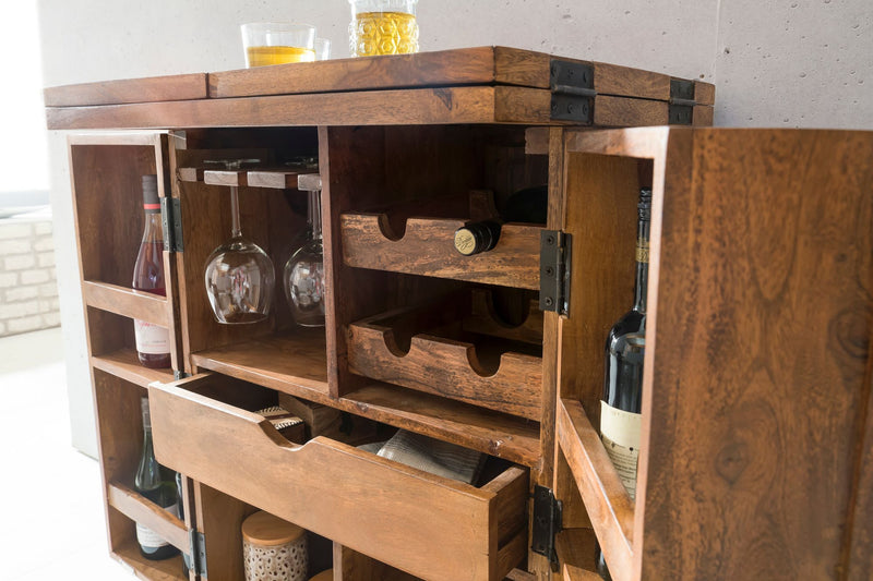 Hausbar LUCCA Sheesham Massivholz 65x91x50 cm Weinbar ausklappbar