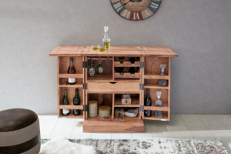 Hausbar LUCCA Akazie Massivholz 65x91x50 cm Weinbar ausklappbar