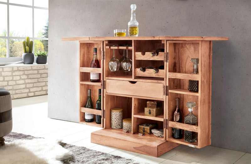 Hausbar LUCCA Akazie Massivholz 65x91x50 cm Weinbar ausklappbar