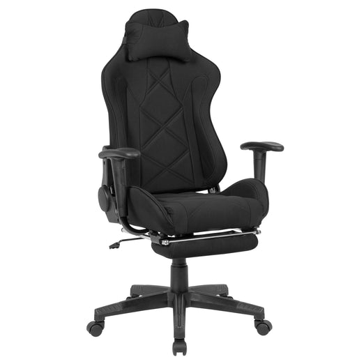 Gamingstuhl Bürostuhl Stoff Schwarz mit hochgeklappter Fußstütze in Gesamtansicht von vorne.