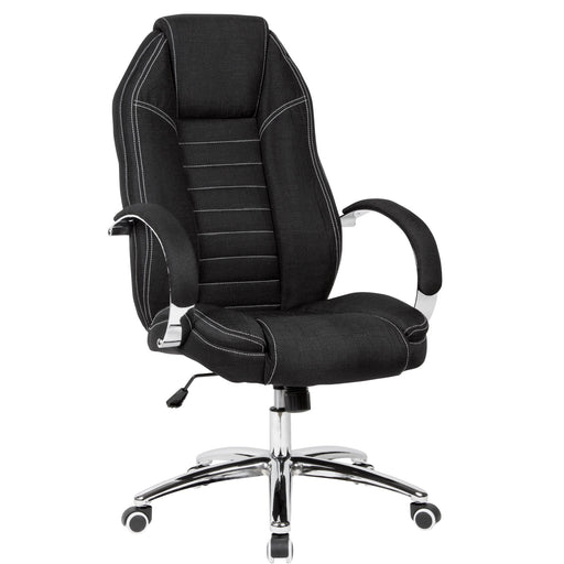 Bürostuhl Chefsessel in Schwarz mit Jeansoptik, Wippfunktion und verchromtem Gestell in Gesamtansicht.