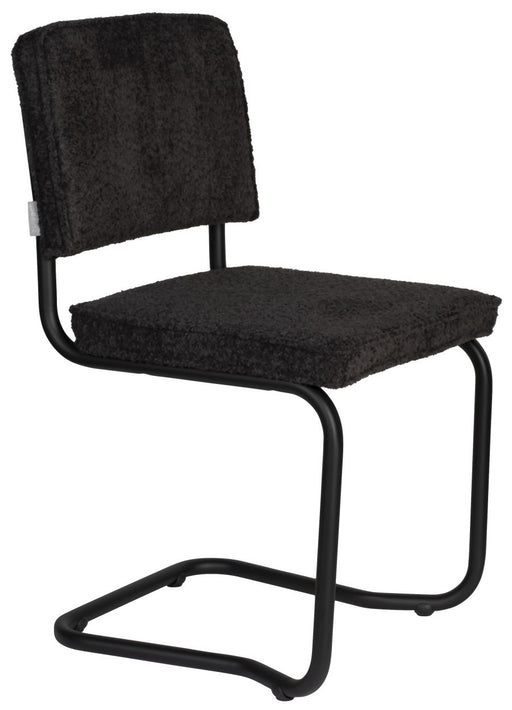 ZUIVER Retro Esszimmerstuhl RIDGE KINK SOFT mit schwarzem Wollstoff und geschwungenen Metallbeinen in Gesamtansicht.
