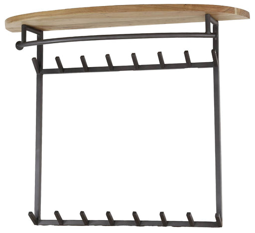 Garderobe Wandgarderobe BOOG 16 Haken Hutablage mit Akazie-Ablagefläche und schwarzem Stahlgestell, Frontansicht.