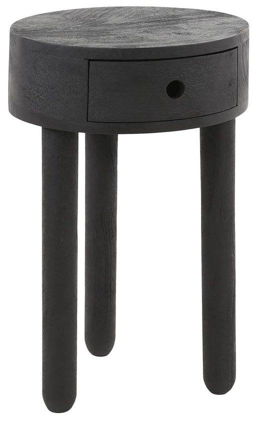 Runder Beistelltisch ROUND FULL WOOD mit schwarzem Akazienholz, einer Schublade und drei zylindrischen Beinen, Gesamtansicht.