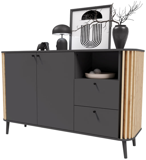 Sideboard PURE 138x88 cm in Gesamtansicht mit grauer Front und Absetzungen in Artisan-Eiche-Dekor.