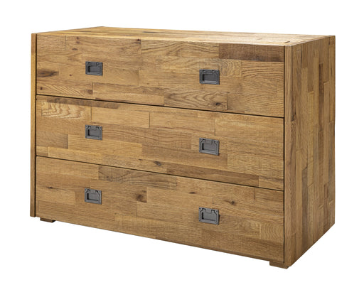 Schubladenkommode CALINO Kommode 3 Schubladen Eiche massiv in Gesamtansicht mit drei Schubladen und Metallgriffen.