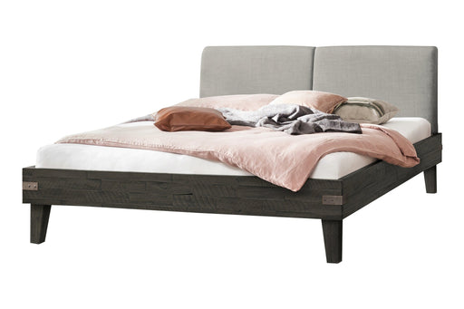 Hasena Massivholzbett Industrial Loft ALINO Akazie Vintage Grey mit Polsterkopfteil, Gesamtansicht vorne.