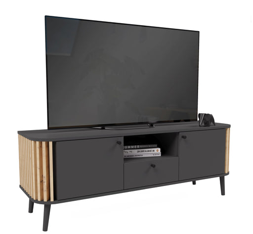 Lowboard TV-Board PURE 138x50 cm mit grauer Front, Artisan-Eiche-Seiten und offener Mittelnische.