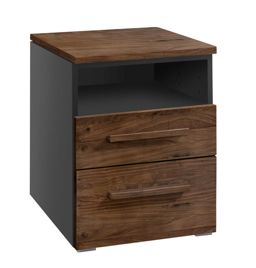 Nachtkommode DOWE Nachttisch 2 Schubladen Front Nussbaum geölt in Gesamtansicht mit grauem Korpus und Holzplatte.