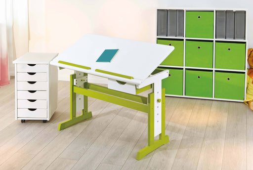 Komplettset Kinderschreibtisch PIJII Grün Weiß mit neigbarer Tischplatte auf grünem Holzgestell und weißem Rollcontainer Simon.