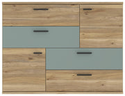 Kommode SKIVE Optik Mauvella Eiche / Sage Green 2-trg. 4 Schubladen