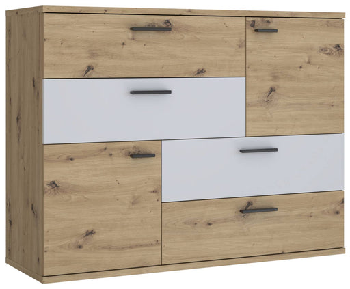 Kommode SKIVE mit Artisan Eiche und Secret Grey Fronten, sechs Schubladen mit schwarzen Griffen in Gesamtansicht.
