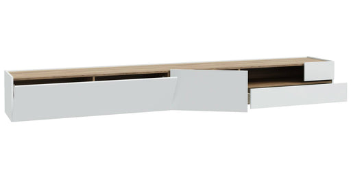 Schwebe Lowboard LEWISVILLE in Hellgrau mit Valencia-Oak-Oberseite, Gesamtansicht mit geöffneten Schubladen.