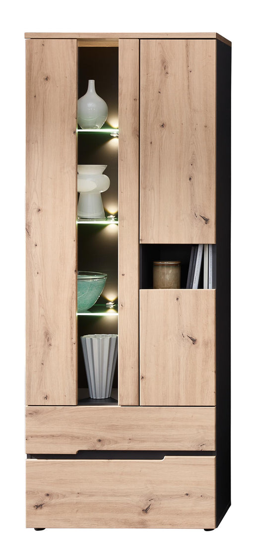 Vitrine MEMPHIS Artisan Eiche Graphit Nachbildung mit Glastür, beleuchteten Fächern und Schränken, Gesamtansicht.