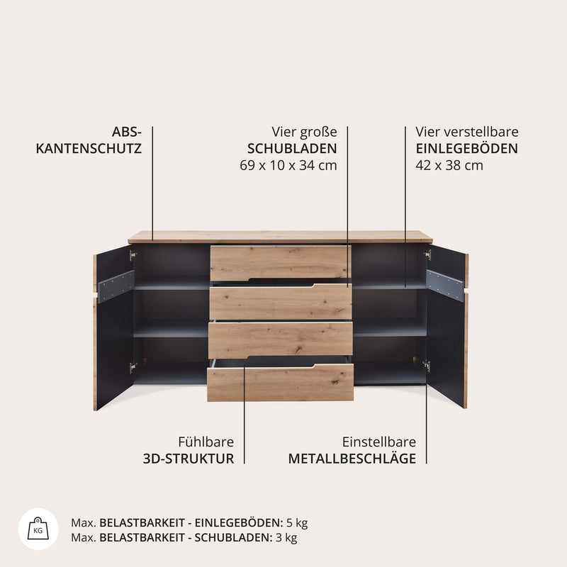 Sideboard MEMPHIS Artisan Eiche Graphit Nachbildung