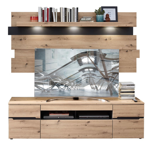 Wohnwand TV Lösung MEMPHIS 2-teilig Artisan Eiche Graphit Nachbildung in Gesamtansicht mit Holzregalen, schwarzem Beleuchtungsregal und Stauraum.