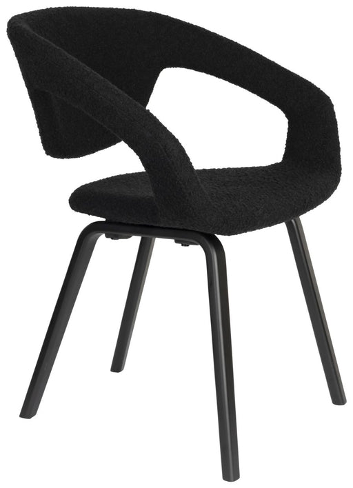 Stuhl Esszimmerstuhl FLEXBACK Bouclé Schwarz von Zuiver mit geschwungener Rückenlehne und dunkelgrauem Holzgestell.