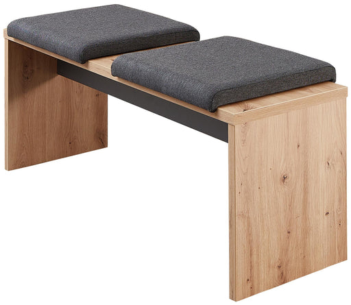 Gesamtansicht der Bank Esszimmerbank MEMPHIS 130 cm mit 2 Klemmkissen in Artisan Eiche mit grauem Polster.