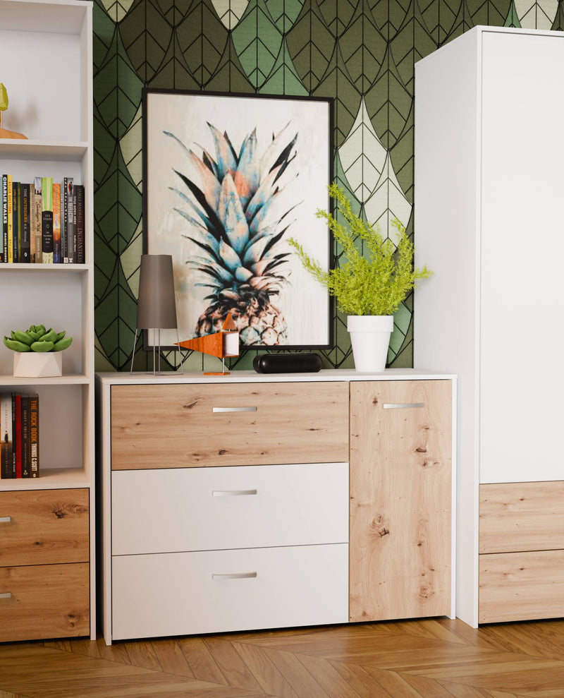 Sideboard CULGOA Kommode 3 Schubladen und 1 Tür Artisan Eiche / Weiß