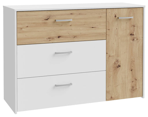 Sideboard CULGOA Kommode mit drei Schubladen in Weiß und einer Tür in Artisan Eiche, Gesamtansicht von vorne.