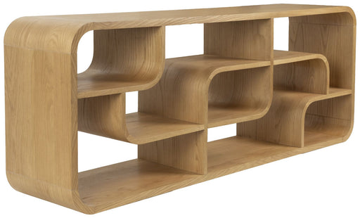 Sideboard SEVEN mit geschwungenen Seitenkanten und asymmetrischen offenen Fächern in Eiche, Vorderansicht.