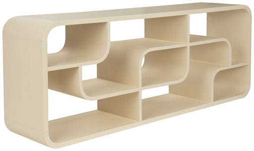 Sideboard SEVEN in Beige mit abgerundeten Kanten und asymmetrisch angeordneten offenen Fächern in Gesamtansicht.
