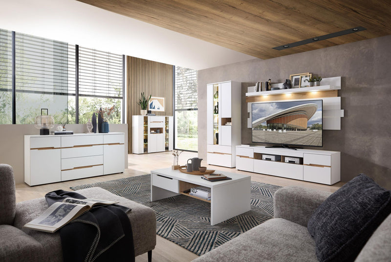 Vitrine MEMPHIS Weiß mit Artisan Eiche Nachbildung und LED