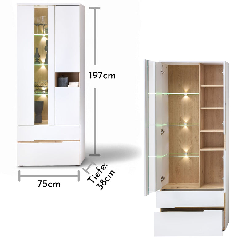 Vitrine MEMPHIS Weiß mit Artisan Eiche Nachbildung und LED