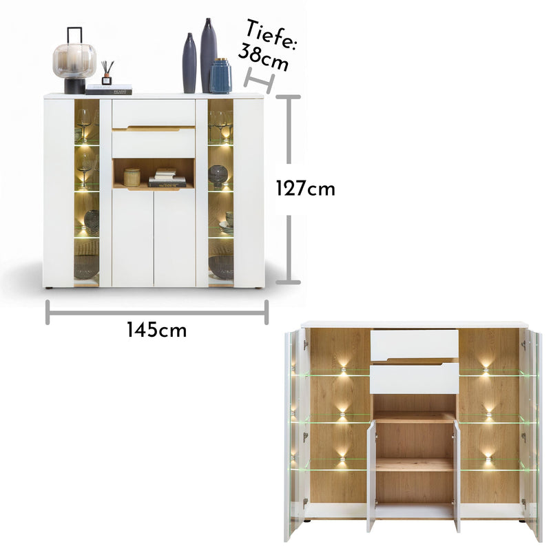 Highboard MEMPHIS Weiß mit Artisan Eiche Nachbildung und LED