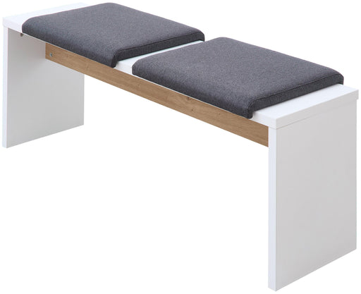 Bank Esszimmerbank MEMPHIS 130 cm in Weiß mit Artisan Eiche und zwei anthrazitfarbenen Klemmkissen, Gesamtansicht.