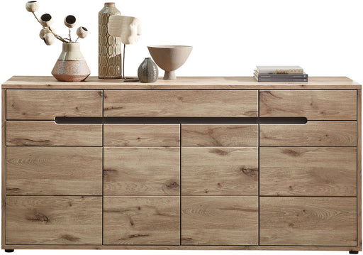 Sideboard BELLANO Viking Oak Nature mit Graphit in Gesamtansicht, Holzfront mit Schubladen und Türen.