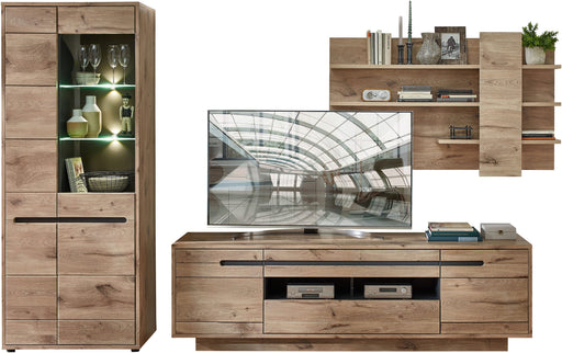 Wohnwand Wohnzimmerschrank BELLANO HH80 Viking Oak Nature mit LED, Gesamtansicht aus Eichenholz mit beleuchteten Vitrinenfächern.