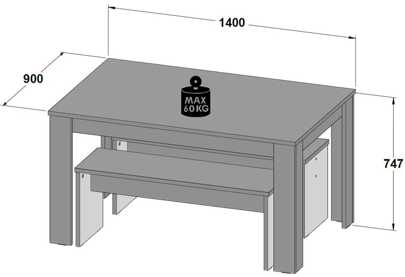 Tischgruppe Esstisch 140 x 90 mit 2 Bänken Dekor Artisan Eiche Forte