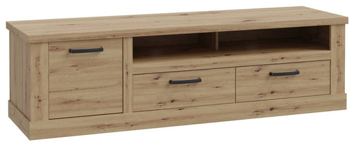 Lowboard CORONA 2 Schubladen Gerätefach in Artisan-Eiche-Optik mit offener Fachkombination, Gesamtansicht von vorne.