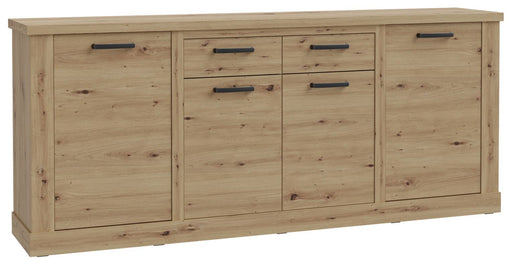 Sideboard CORONA mit vier Türen und zwei Schubladen in Artisan-Eiche-Optik, Gesamtansicht von vorne.