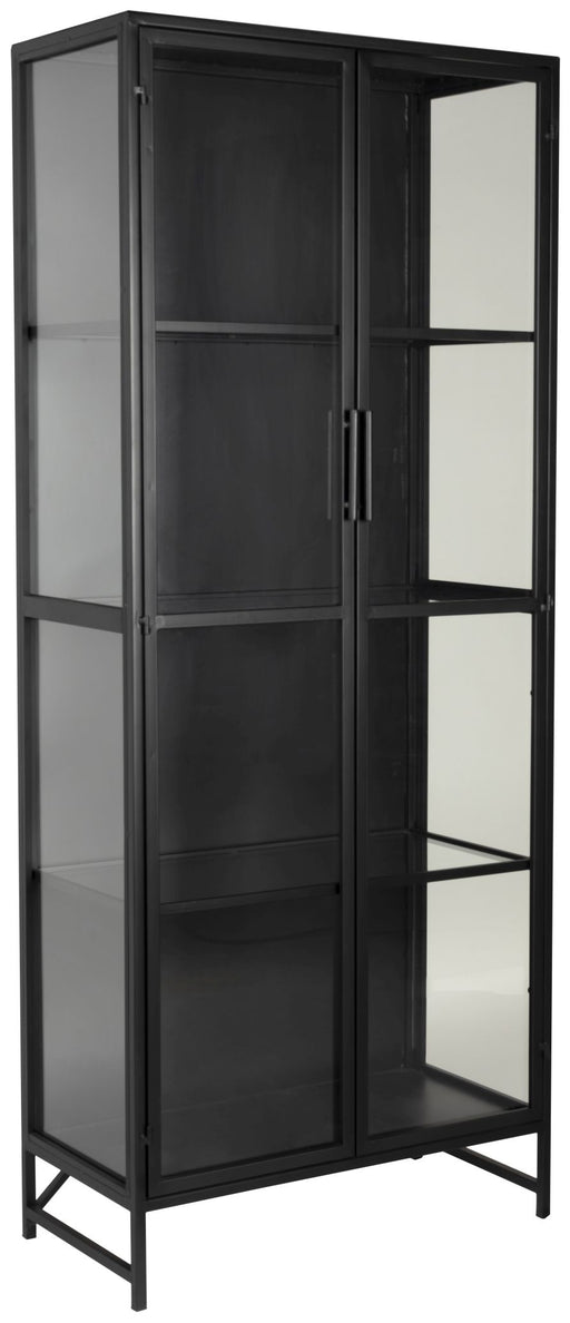 Vitrine Schrank ROB LARGE mit schwarzem Metallrahmen und vier Glastüren in Gesamtansicht von vorne.