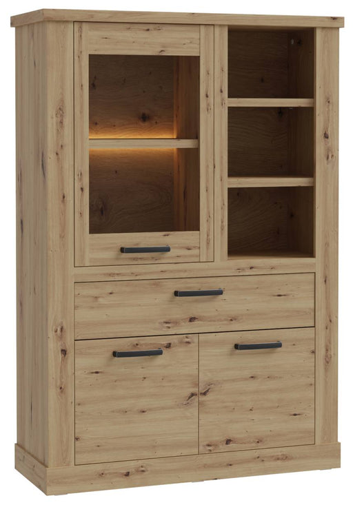 Highboard CORONA 3-trg. 1 Schublade in Artisan Eiche mit Glastür, offenen Fächern und Türen.