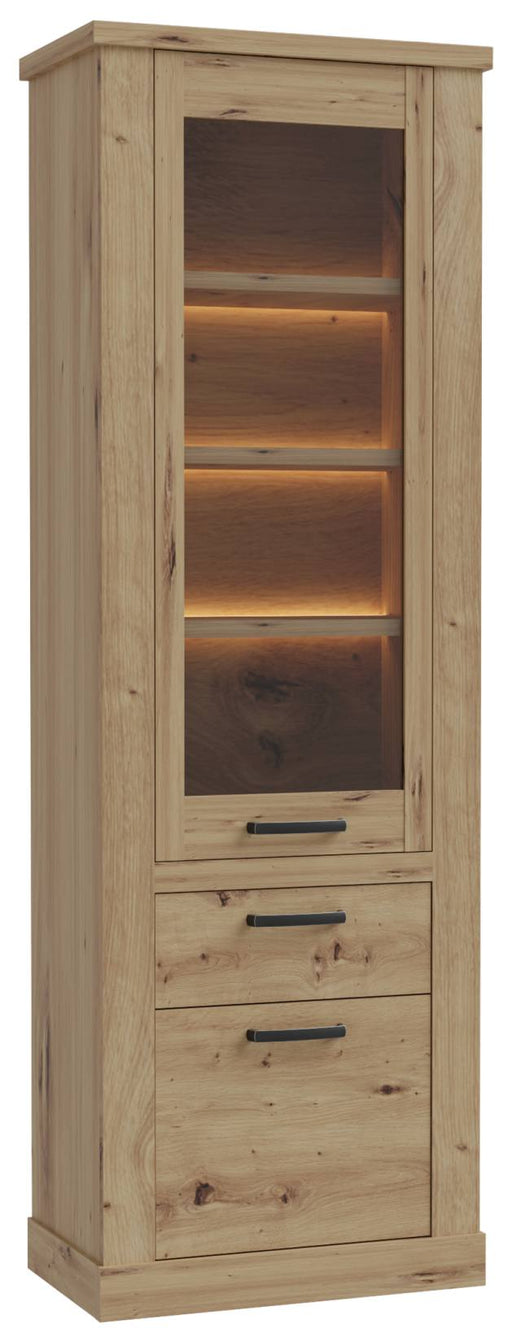 Vitrine CORONA mit Beleuchtung in Artisan Eiche, Gesamtansicht mit verglaster Obertür und LED-Beleuchtung in den Fächern.