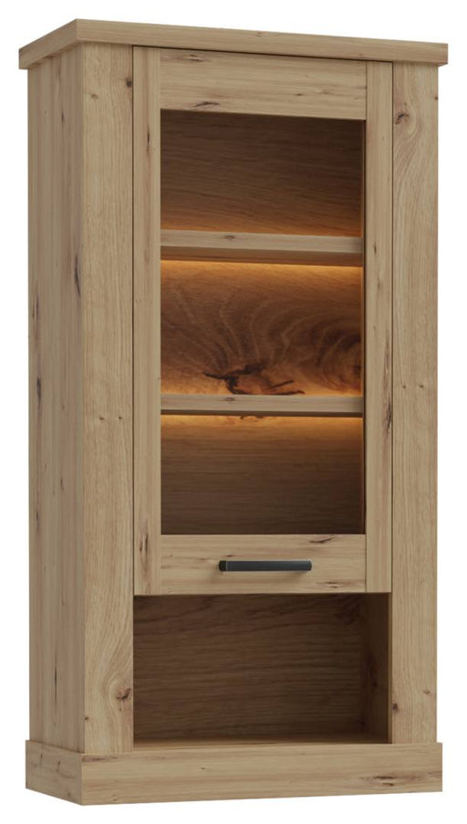 Hängevitrine CORONA 1 mit beleuchteter Glastür und Regalboden in Gesamtansicht von vorne.