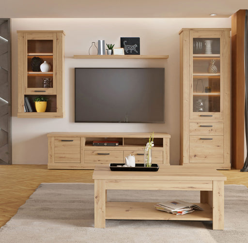 Wohnzimmerschrank CORONA 5-tlg Artisan Eiche mit TV-Lowboard, zwei Vitrinen und Wandregal in Gesamtansicht.