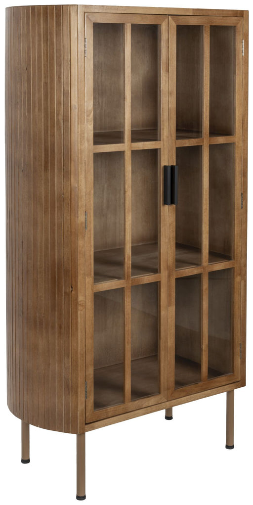 Vitrine Schrank YAZ mit vertikalen Riffelungen, verglaster Schiebetür und drei Holzregalen in Gesamtansicht.
