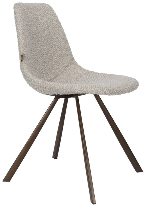 Esszimmerstuhl FRANKY Bouclé Beige mit beigem Bouclé-Bezug und braunem Stahlgestell in Gesamtansicht.