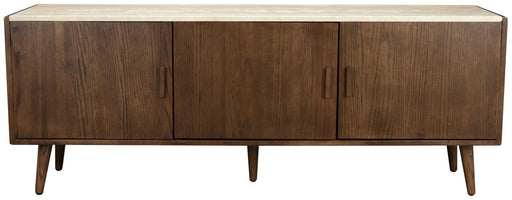 Sideboard ARDA mit Natursteinplatte, Gesamtansicht von vorne mit walnussbraunem Holzkorpus und beiger Steinplatte.