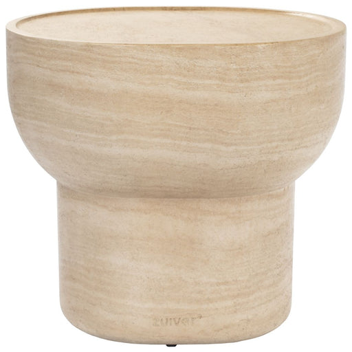 Runder Beistelltisch NOBLE in Beige mit strukturierter Oberfläche in Kalksteinoptik, Gesamtansicht von vorne.