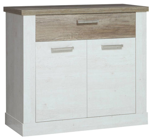 Sideboard DURO mit zwei weißen Türen unten, einer Schublade in Pinie-Optik oben und Metallgriffen in Gesamtansicht.