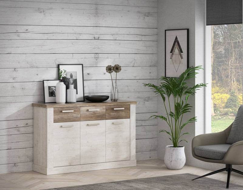 Sideboard DURO 3 Türen und 3 Schubladen Farbton Pinie weiß antik