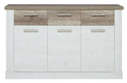 Sideboard DURO mit drei Schubladen in Pinie-Optik oben und drei Türen in Weiß antik, Gesamtansicht von vorne.